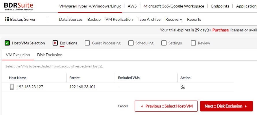 BDRsuite - VM disk selection for Backup