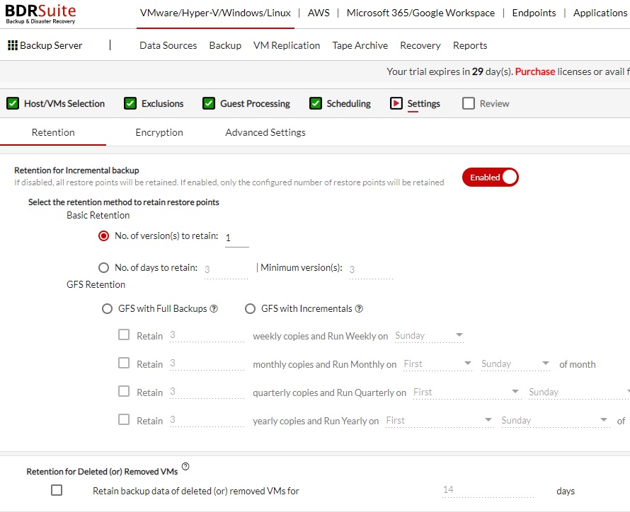 Basic Backup retention - BDRsuite