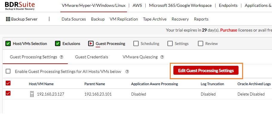 Edit Guest processing Settings - BDR Suite