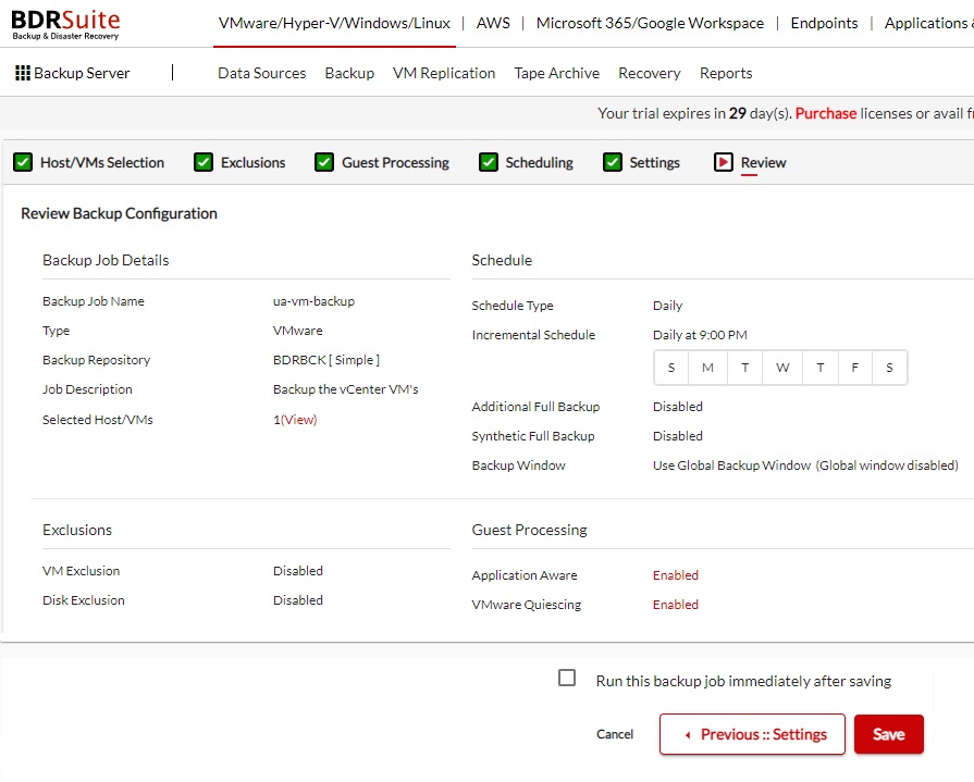 Review the backup job - VMware BDRSuite