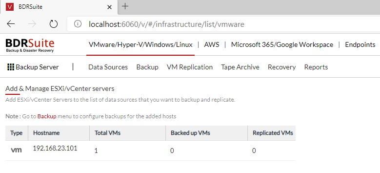 vCenter Added in to BDRSuite