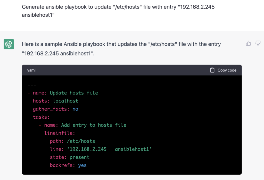 ChatGPT - Ansible - update hosts file