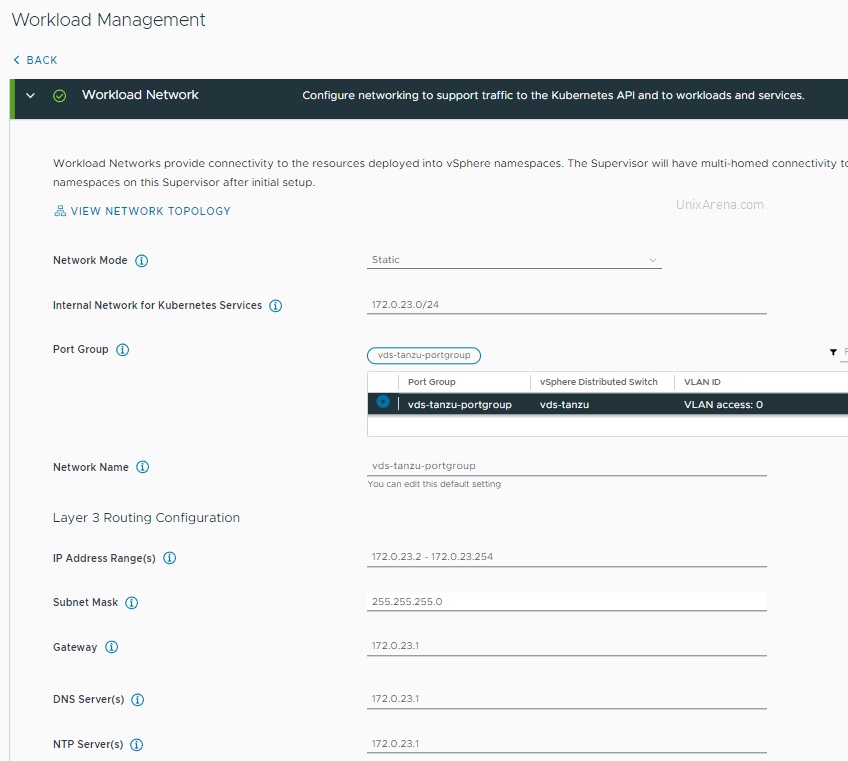 Select workload Network - vSphere - Tanzu